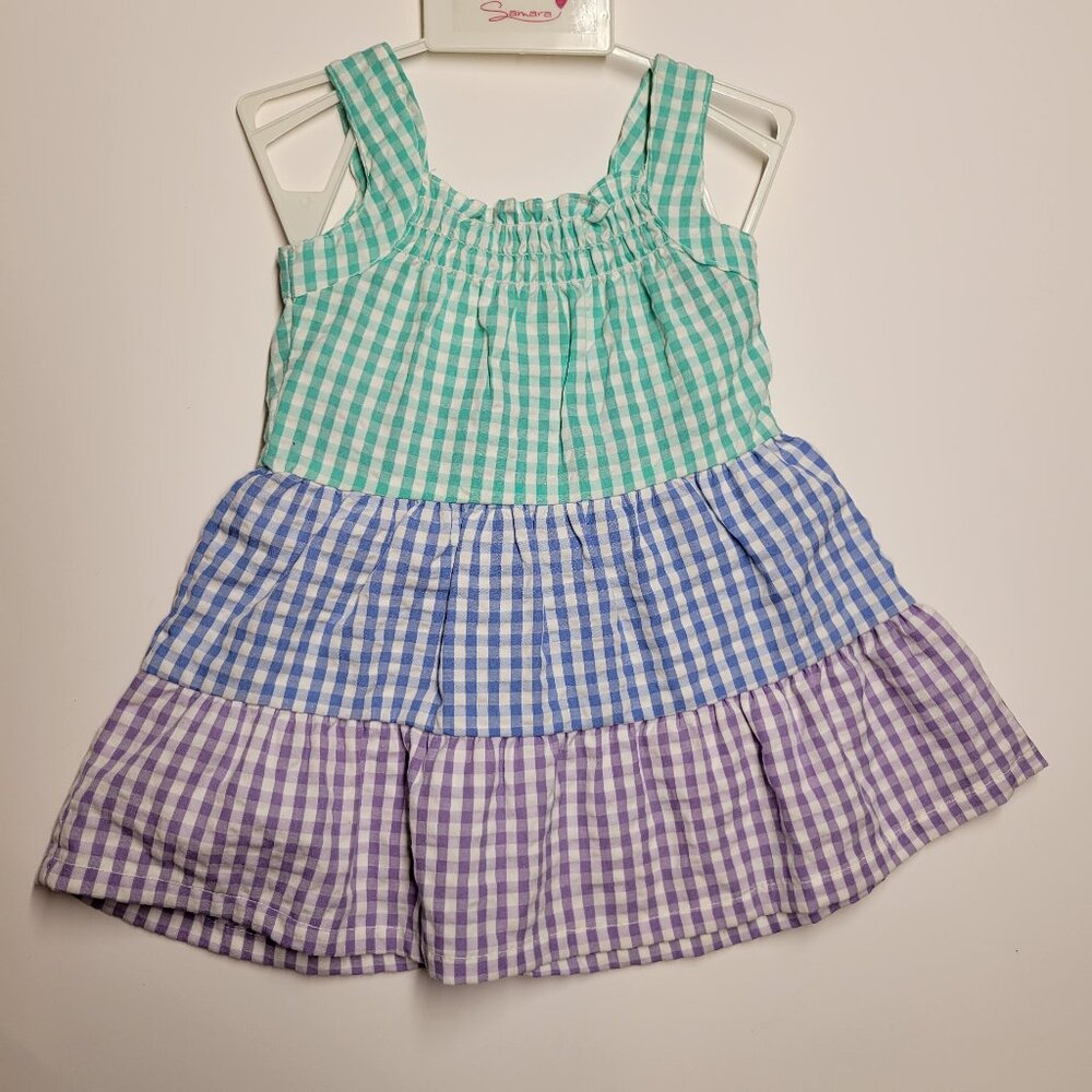 Infant girls dress, Samara, size 3 mos. Green, purple and  and blue, new with t